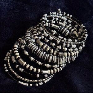 Handmade Bohemian Coil Spring Wrap Beaded Bracelet, Black, White, Silver, GLOWS!